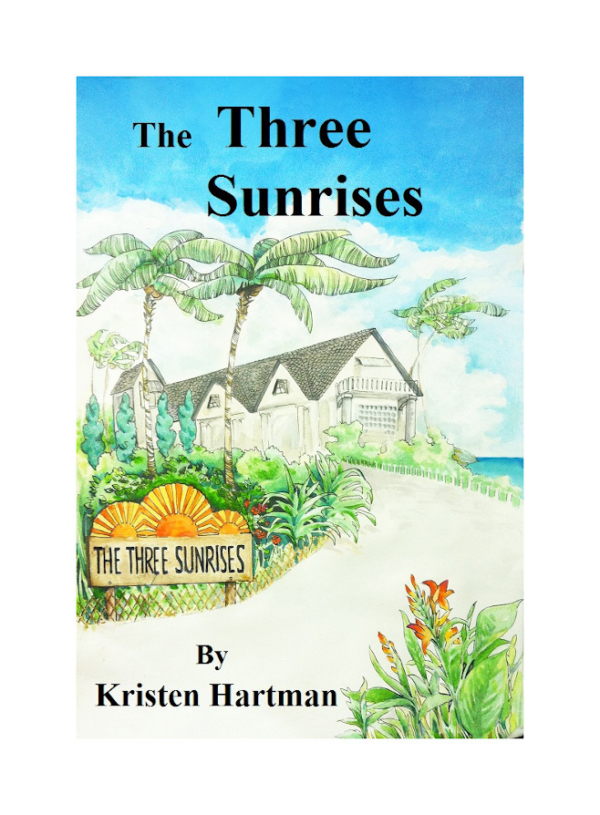 The Three Sunrises (The Island Series Book 1) Cover image showing an artists drawing of a beach house.