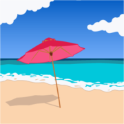 An artist rendering of a cartoon like beach scene with sand, waves, clouds and an umbrella stuck in the sand.